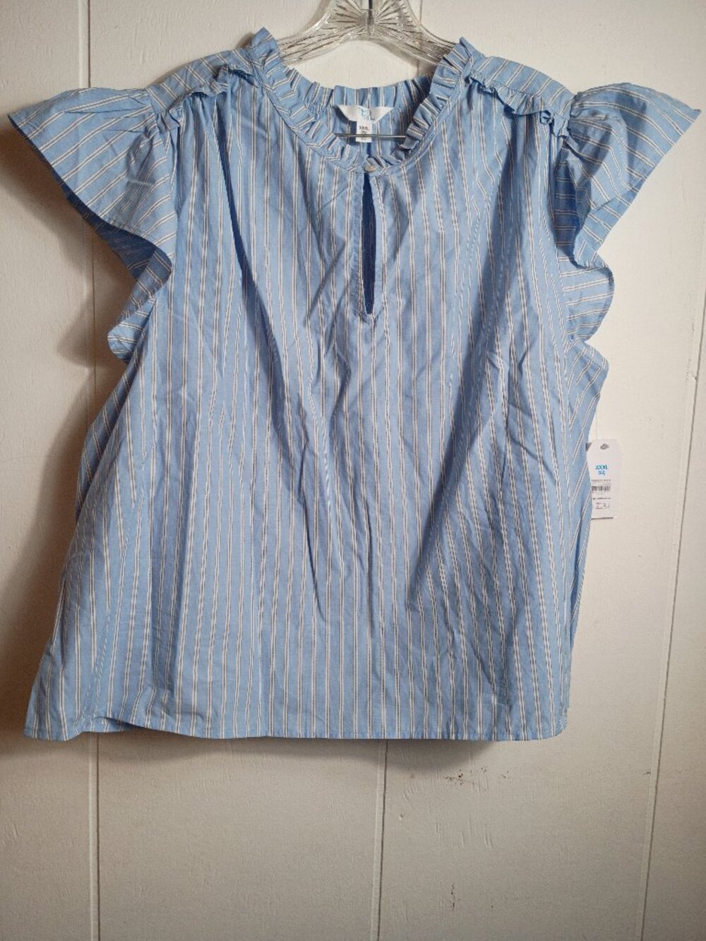 Time and Tru Blue and White Striped Flutter Split Neck Top Womens XXXL 22 NEW